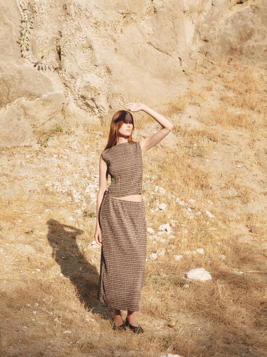 The Sab Skirt | Plaid Crinkle Midi Skirt