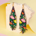 Beaded Handwoven Wildflower Fringe Earrings | Black