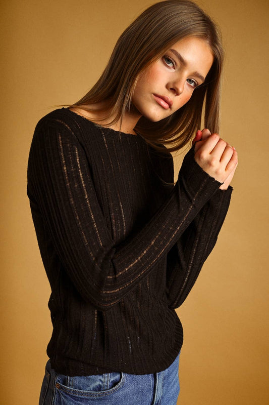 Sheer Stripe Long Sleeve Knit Top | Black