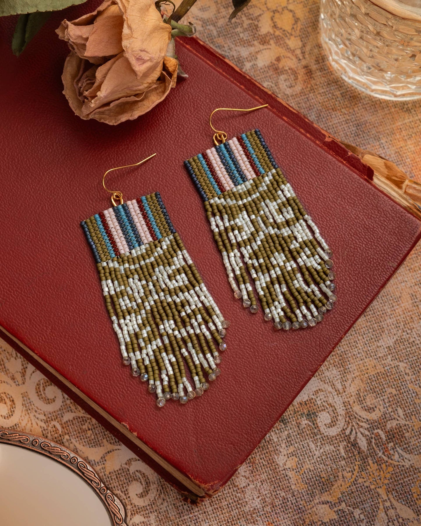 Beaded Damask Fringe Earrings | Olive