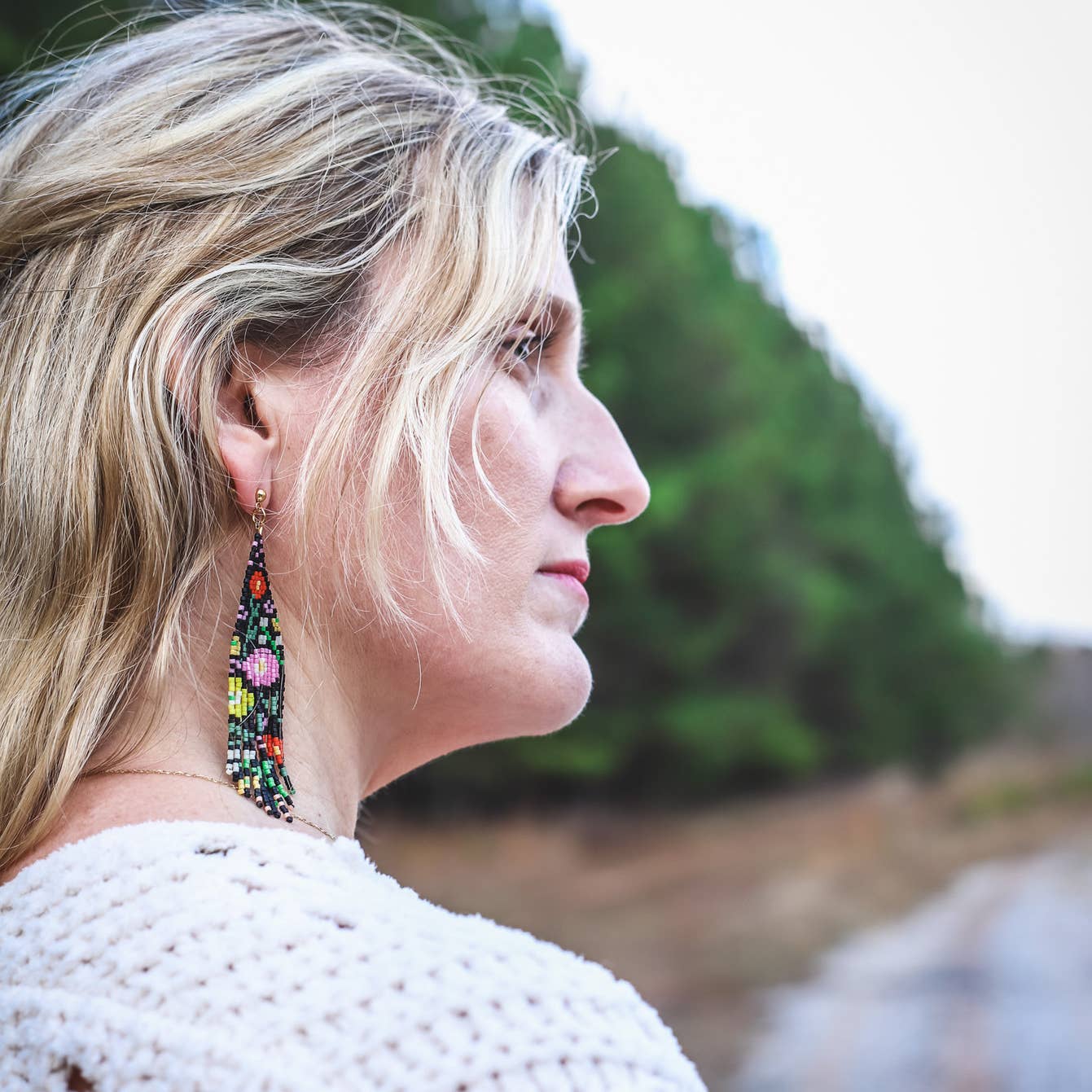 Beaded Handwoven Wildflower Fringe Earrings | Black