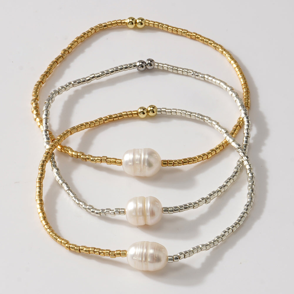 Gold & Silver Pearl Elastic Bracelet | Gold + Silver