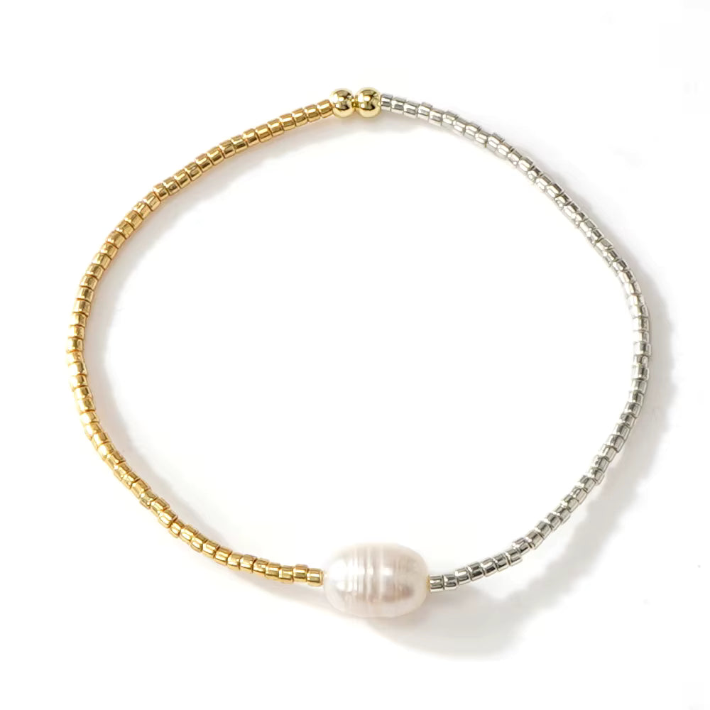 Gold & Silver Pearl Elastic Bracelet | Gold + Silver