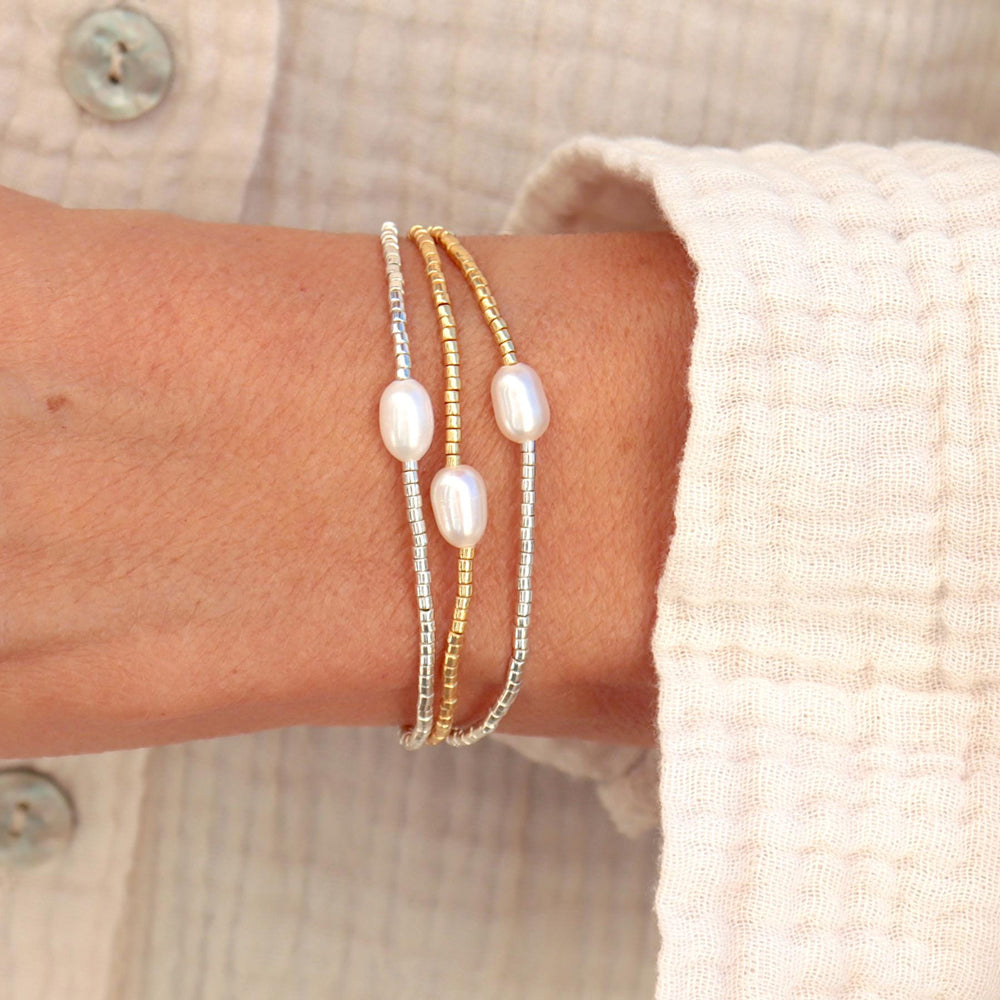 Gold & Silver Pearl Elastic Bracelet | Gold + Silver