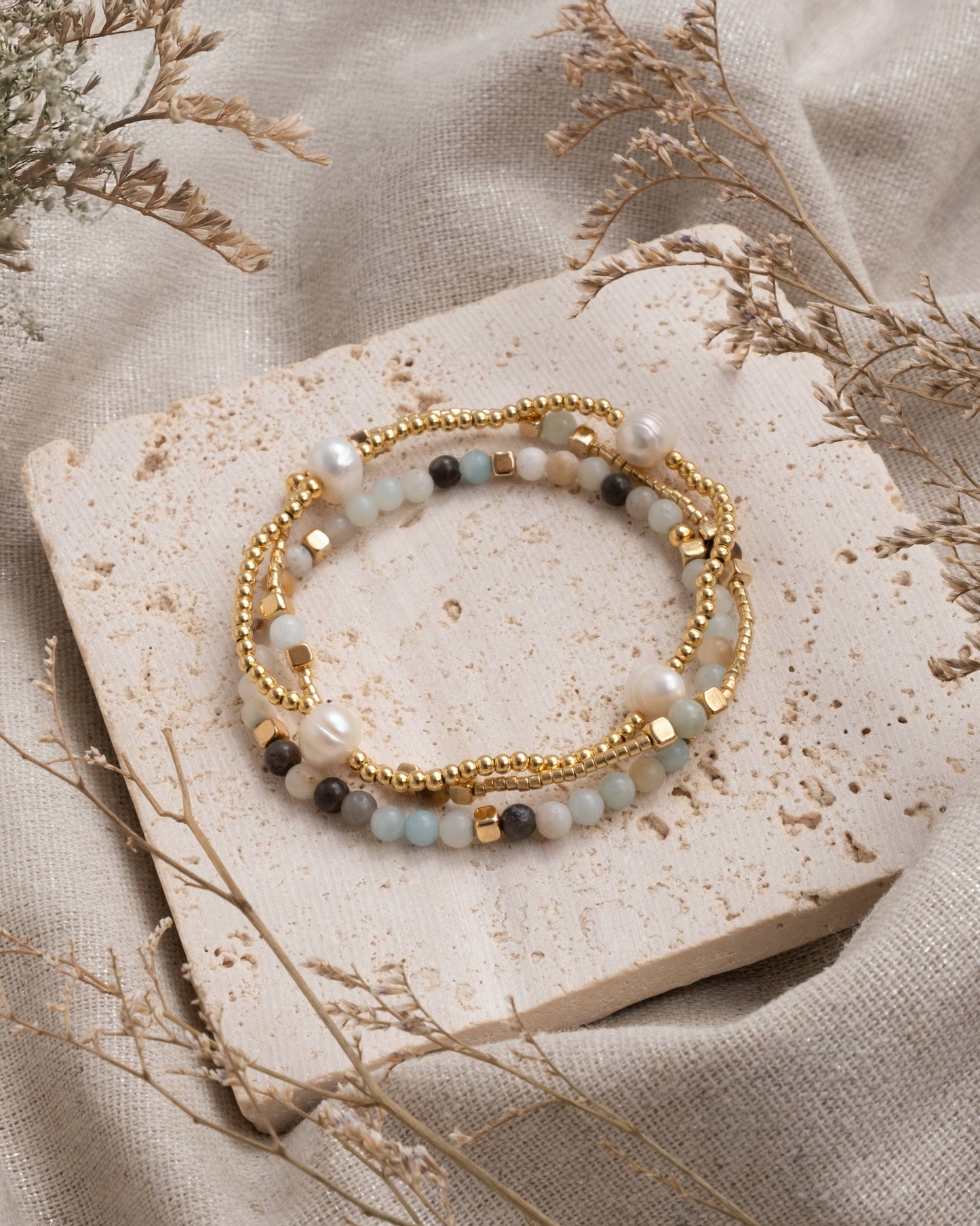 Amazonite and Pearl Miyuki Stretch Bracelets | Set of 3