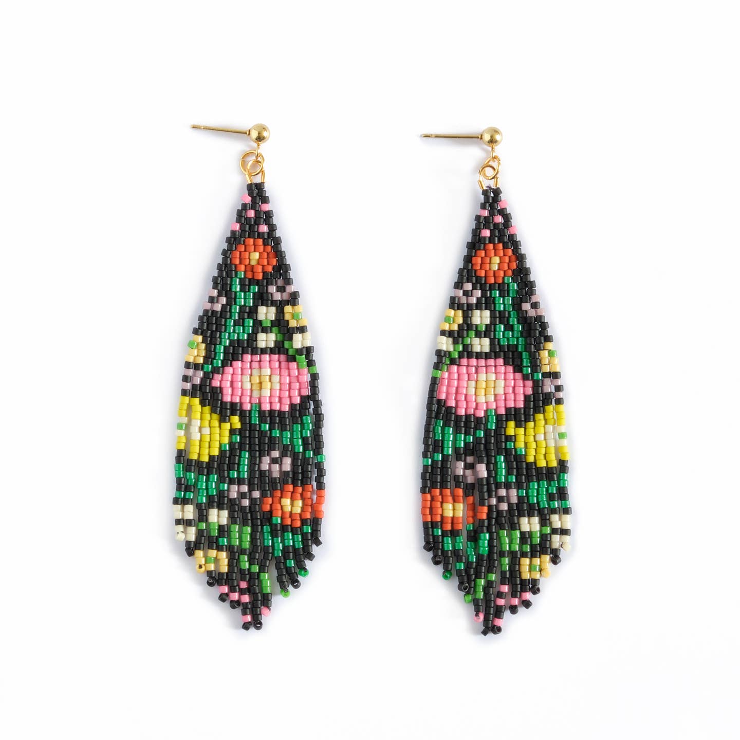 Beaded Handwoven Wildflower Fringe Earrings | Black