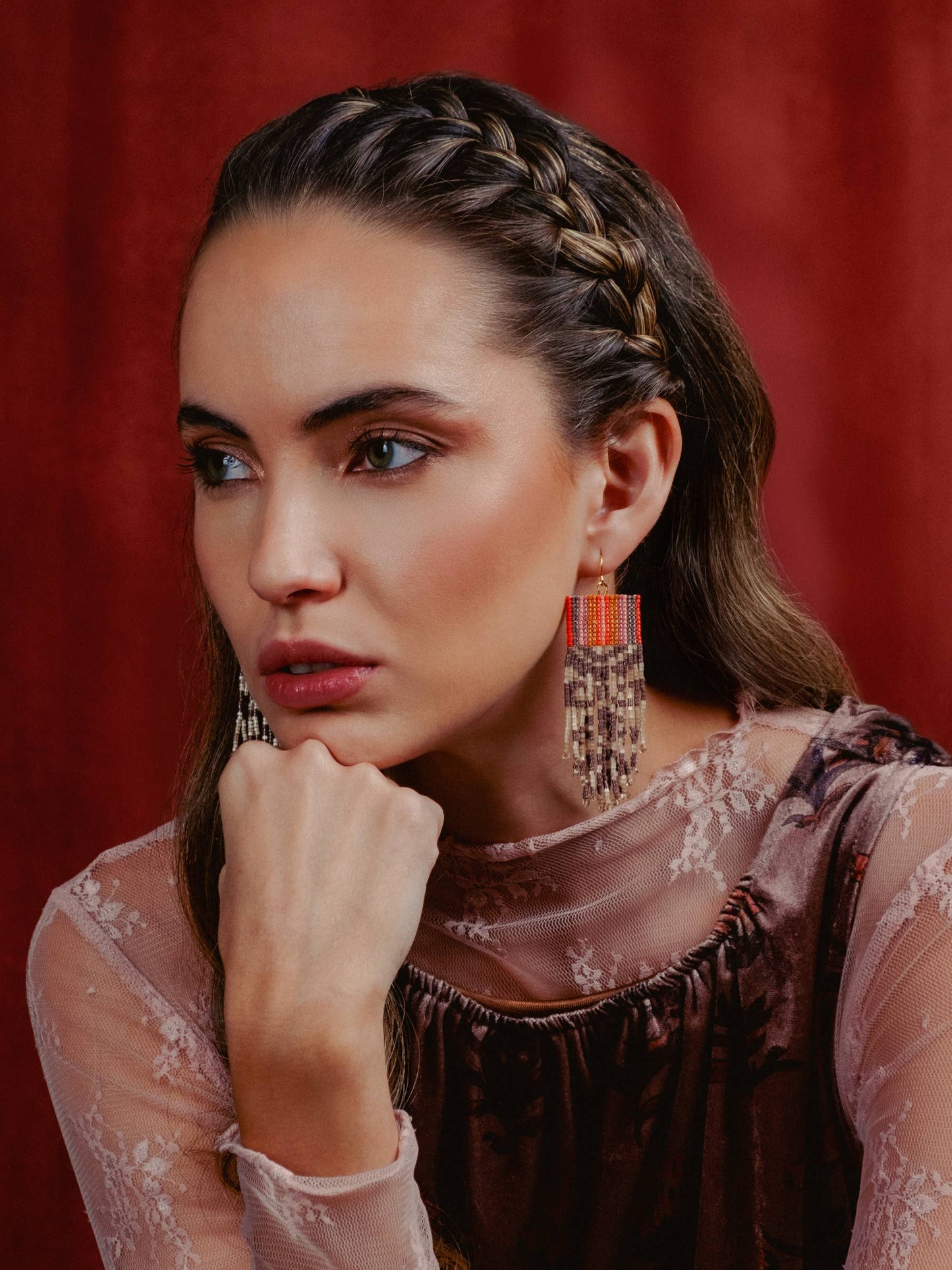 Beaded Damask Fringe Earrings | Olive