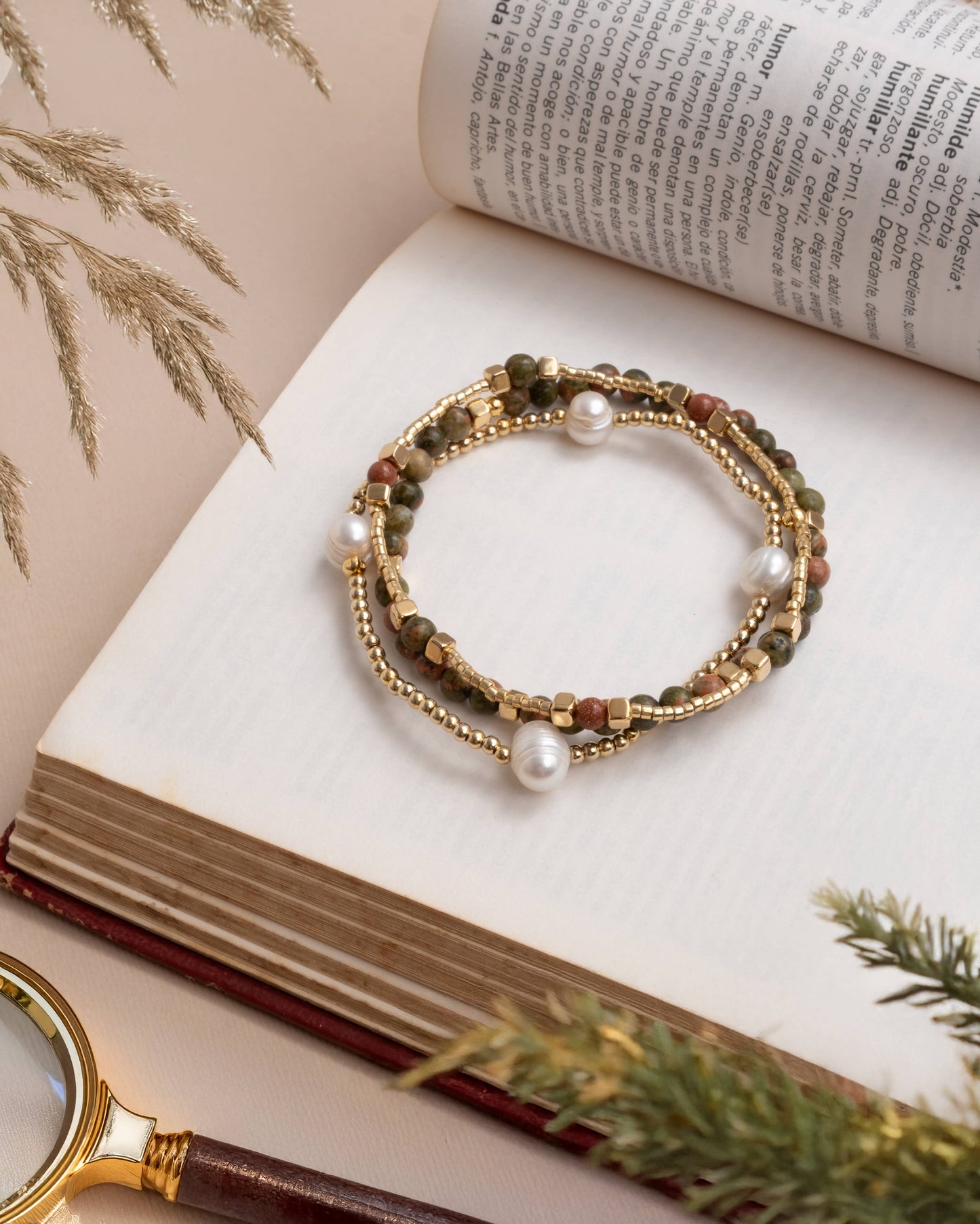 Unakite and Pearl Miyuki Stretch Bracelets | Set of 3