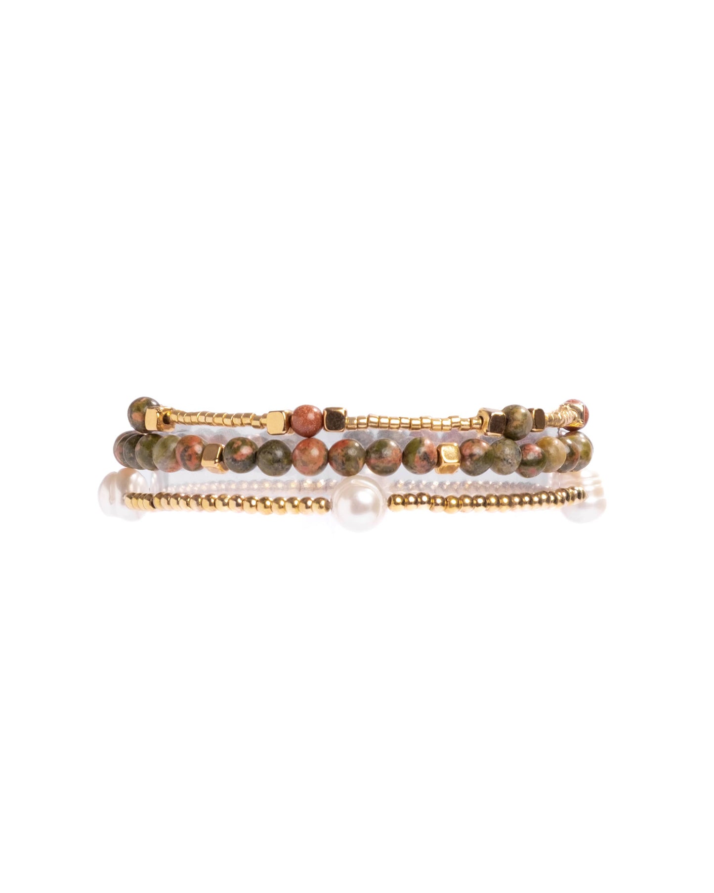 Unakite and Pearl Miyuki Stretch Bracelets | Set of 3