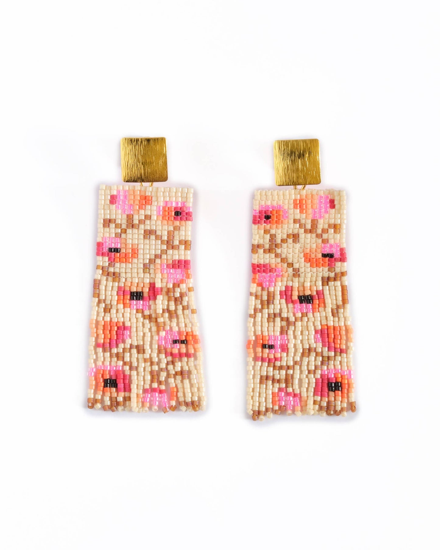 Beaded Poppy Flower Fringe Earrings | Cream/Pink