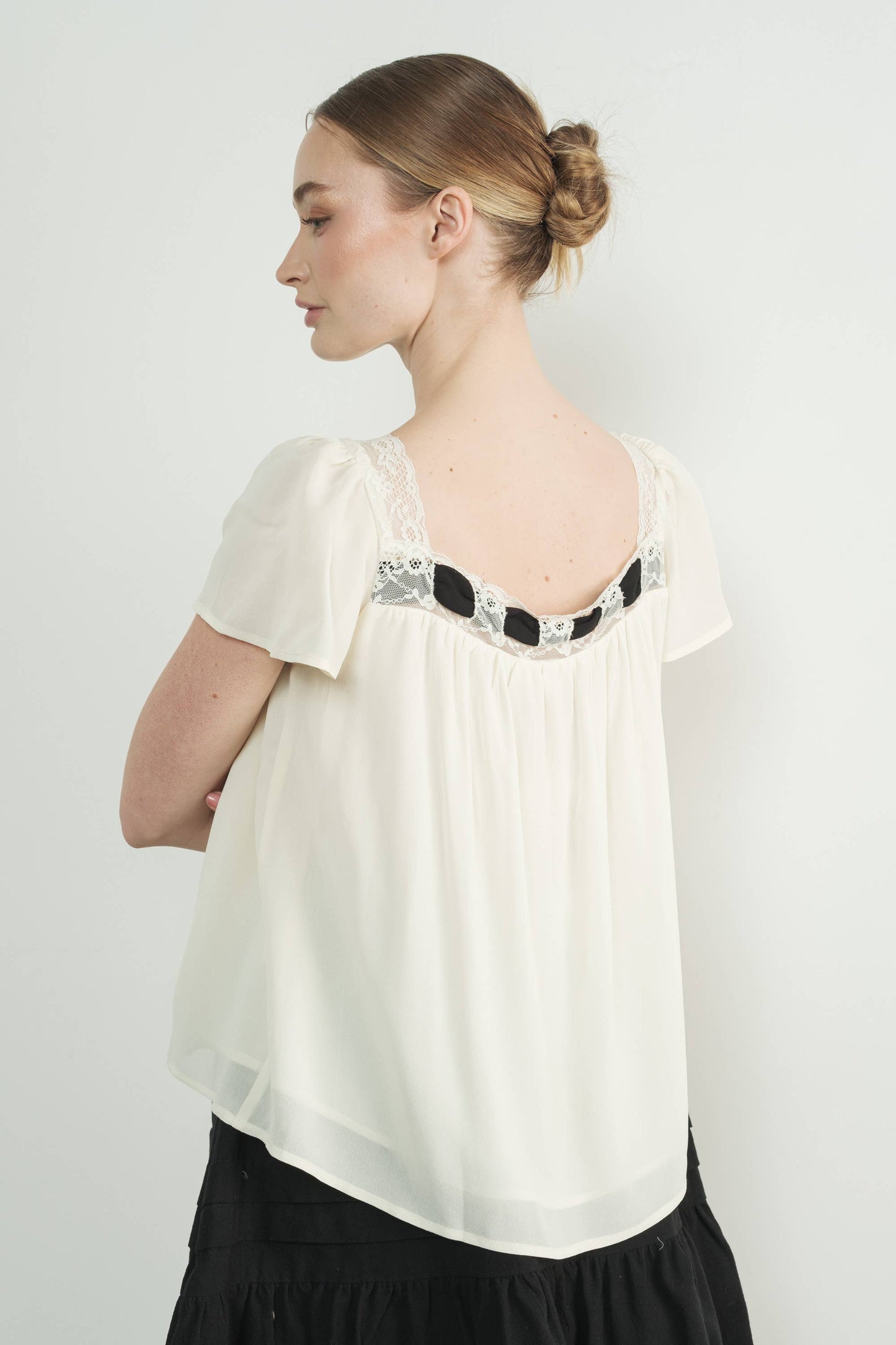 Lace Trim Blouse with Bow | White