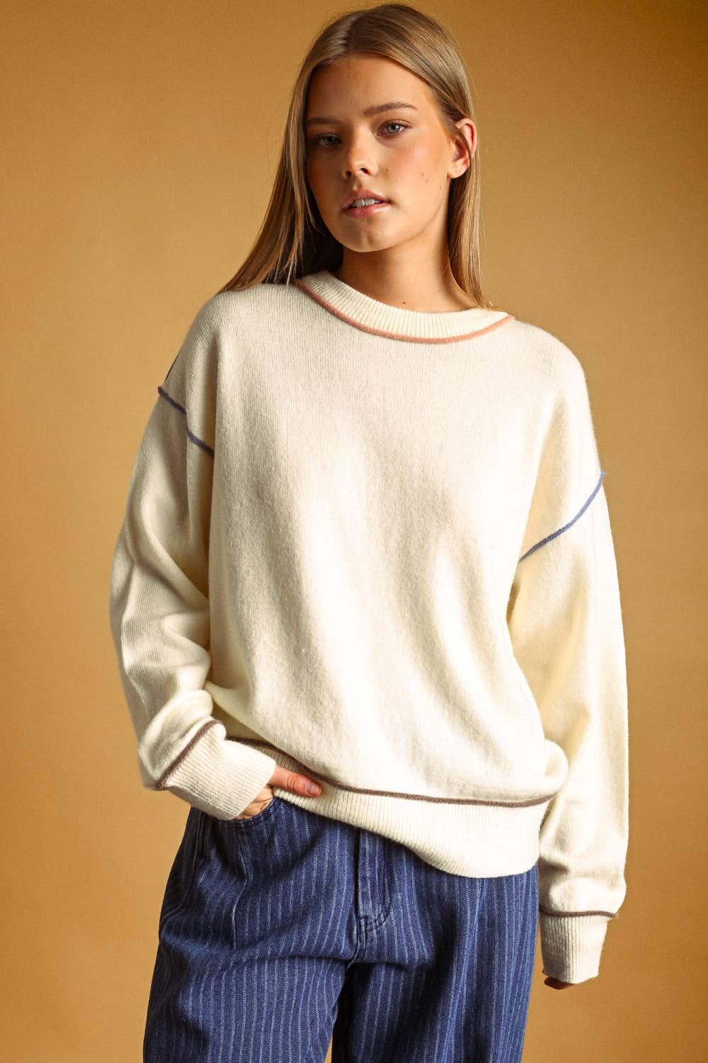 Multi Contrast Piping Knit Jumper | Cream