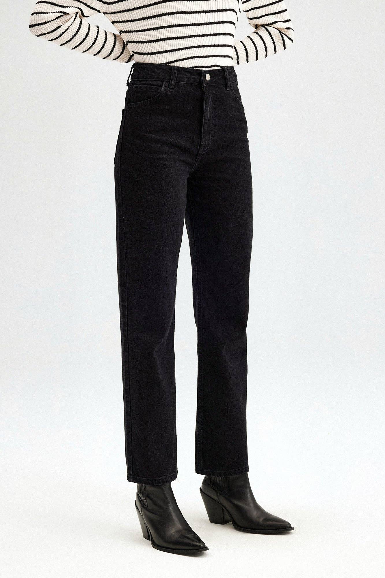 High Waist Straight Fit Denim Pants | Black