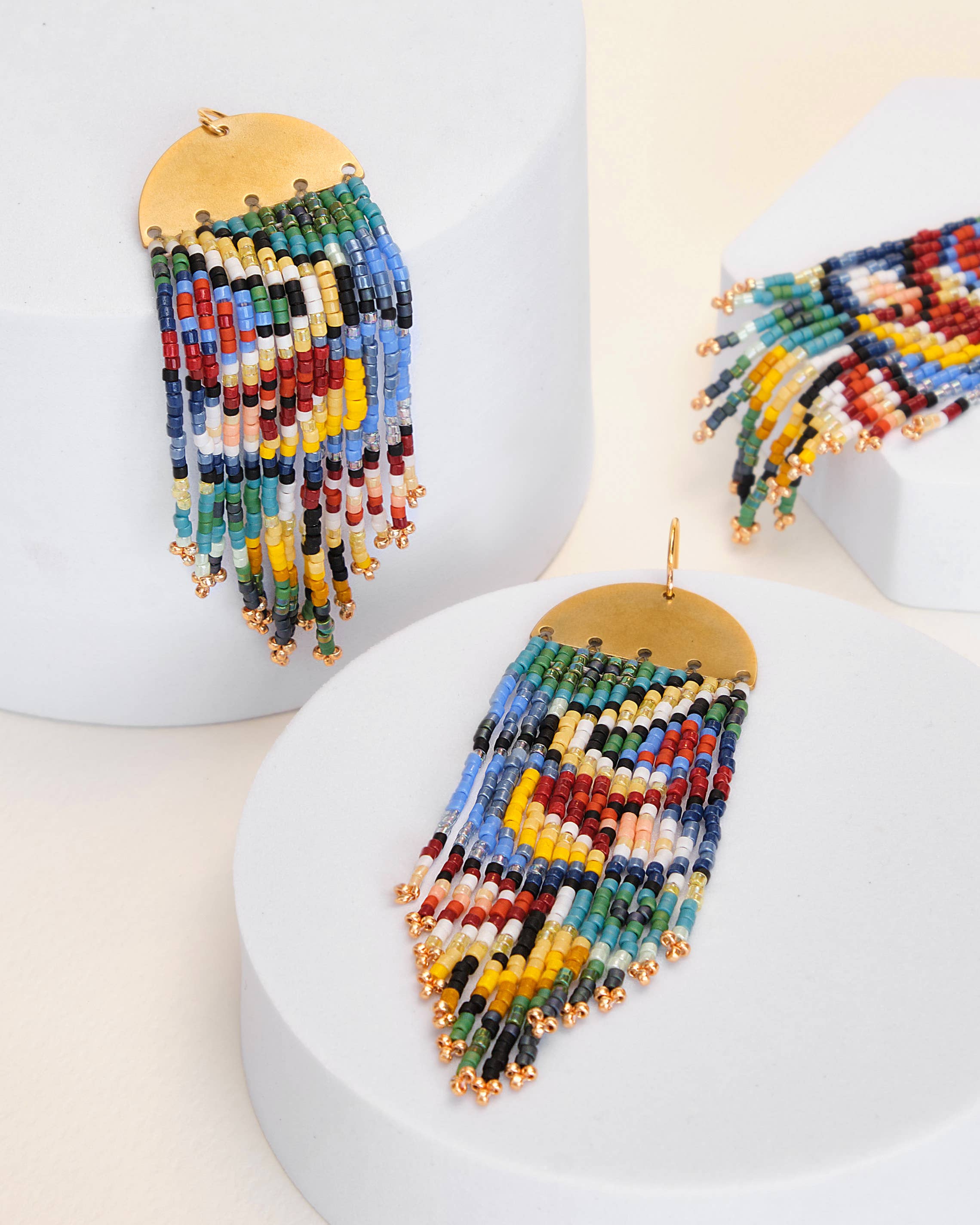 Beaded Handwoven Kaleidoscope Fringe Earrings | Blue Green