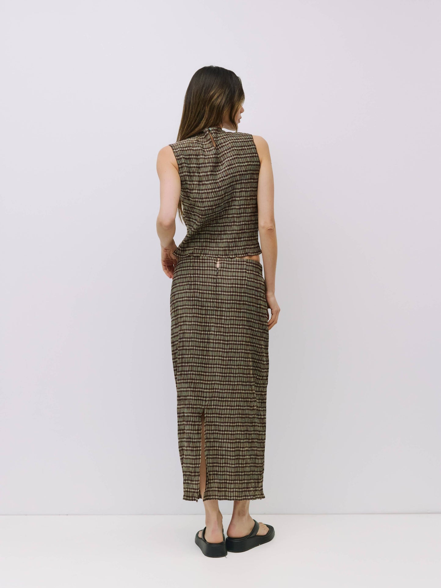 The Sab Skirt | Plaid Crinkle Midi Skirt
