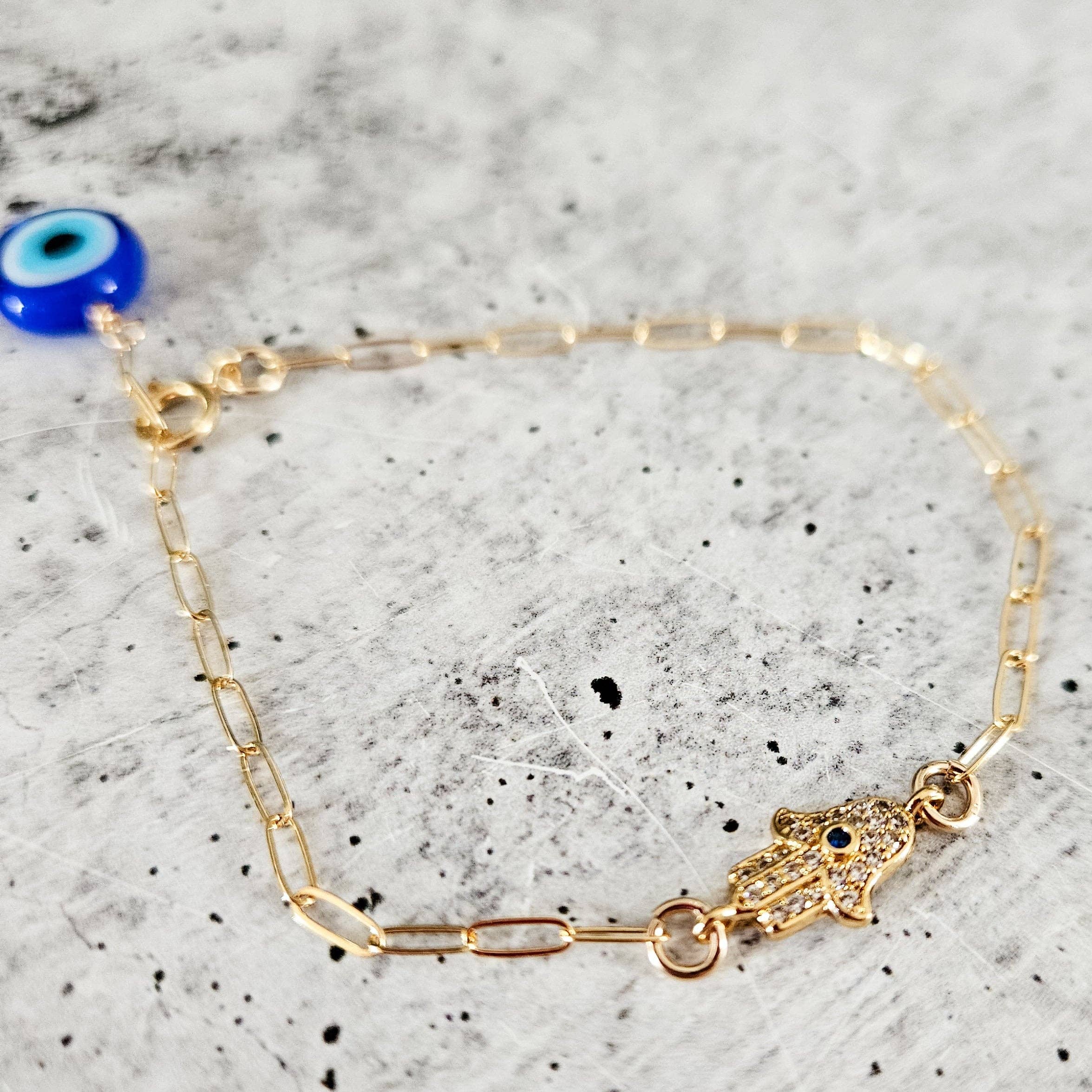 Dainty Hamsa Evil Eye Bracelet | Gold + Crystal