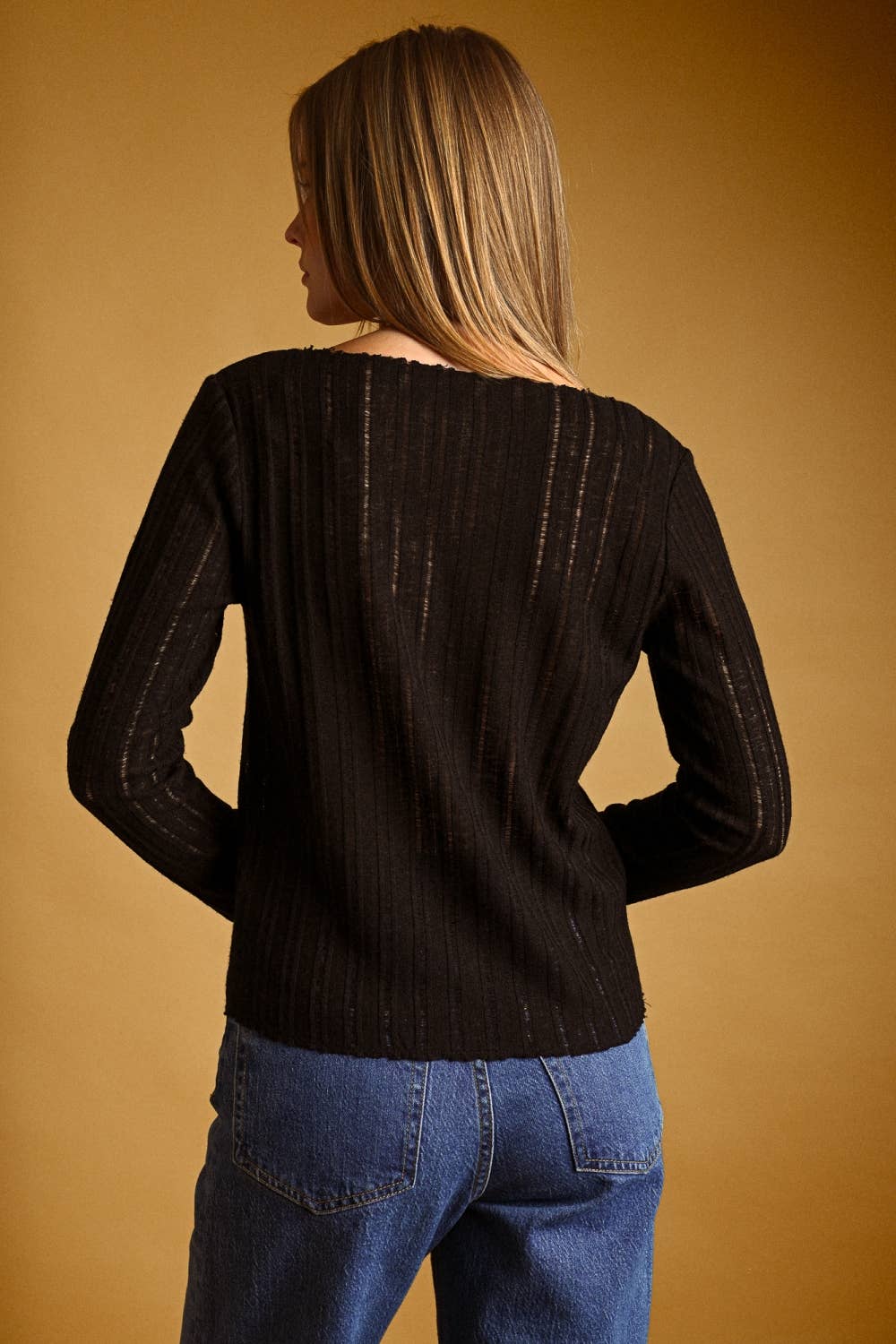 Sheer Stripe Long Sleeve Knit Top | Black