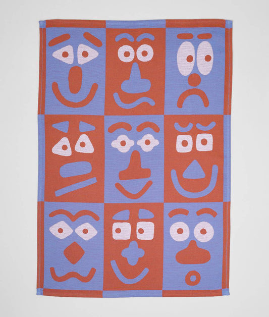 Faces Blue/Brown | Cotton Tea Towel