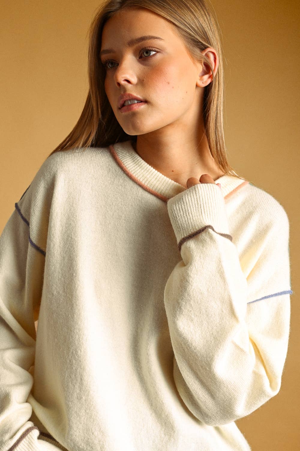 Multi Contrast Piping Knit Jumper | Cream
