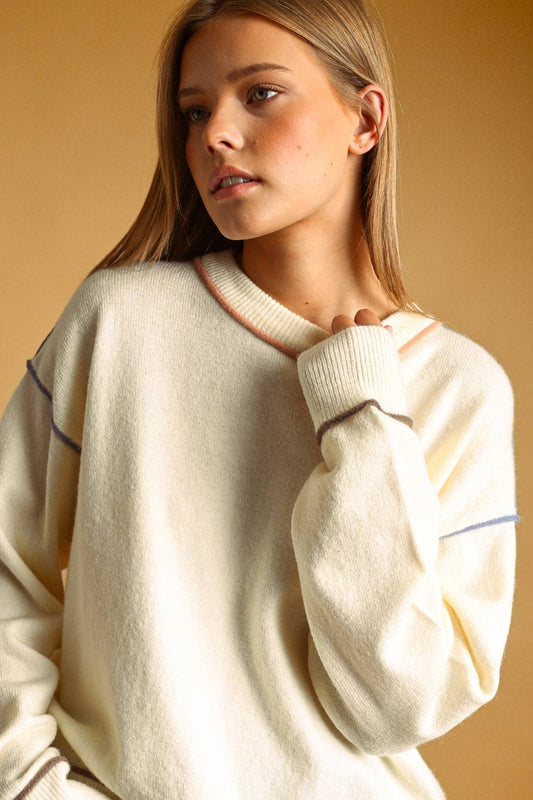 Multi Contrast Piping Knit Jumper | Cream