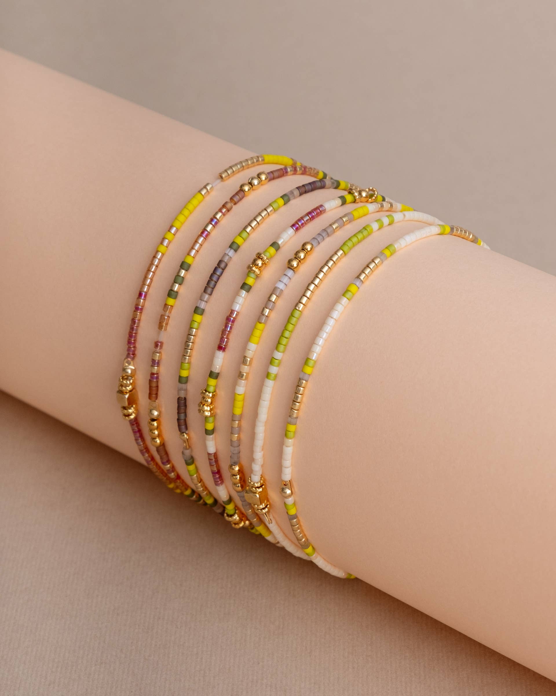 Citron, Tan, Cream Miyuki Beaded Stretch Bracelets | Set of 7