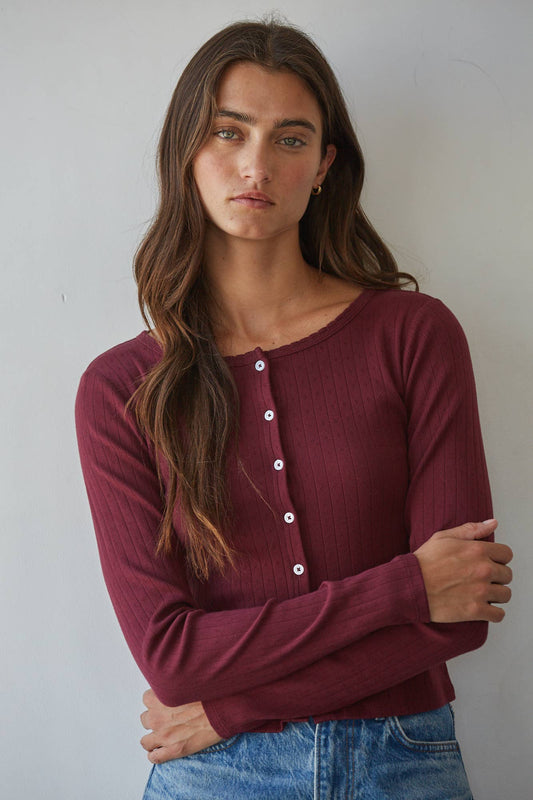 Cotton Pointelle Cardigan | Burgundy