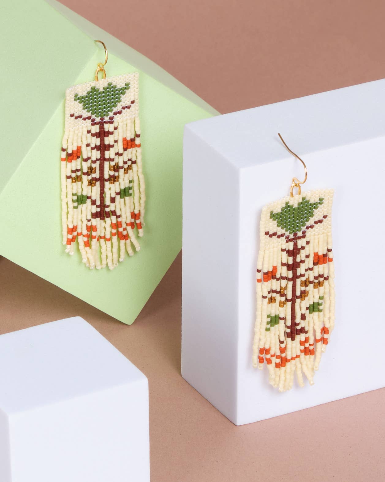 Beaded Handwoven Vintage Flower Fringe Earrings | Cream-Green