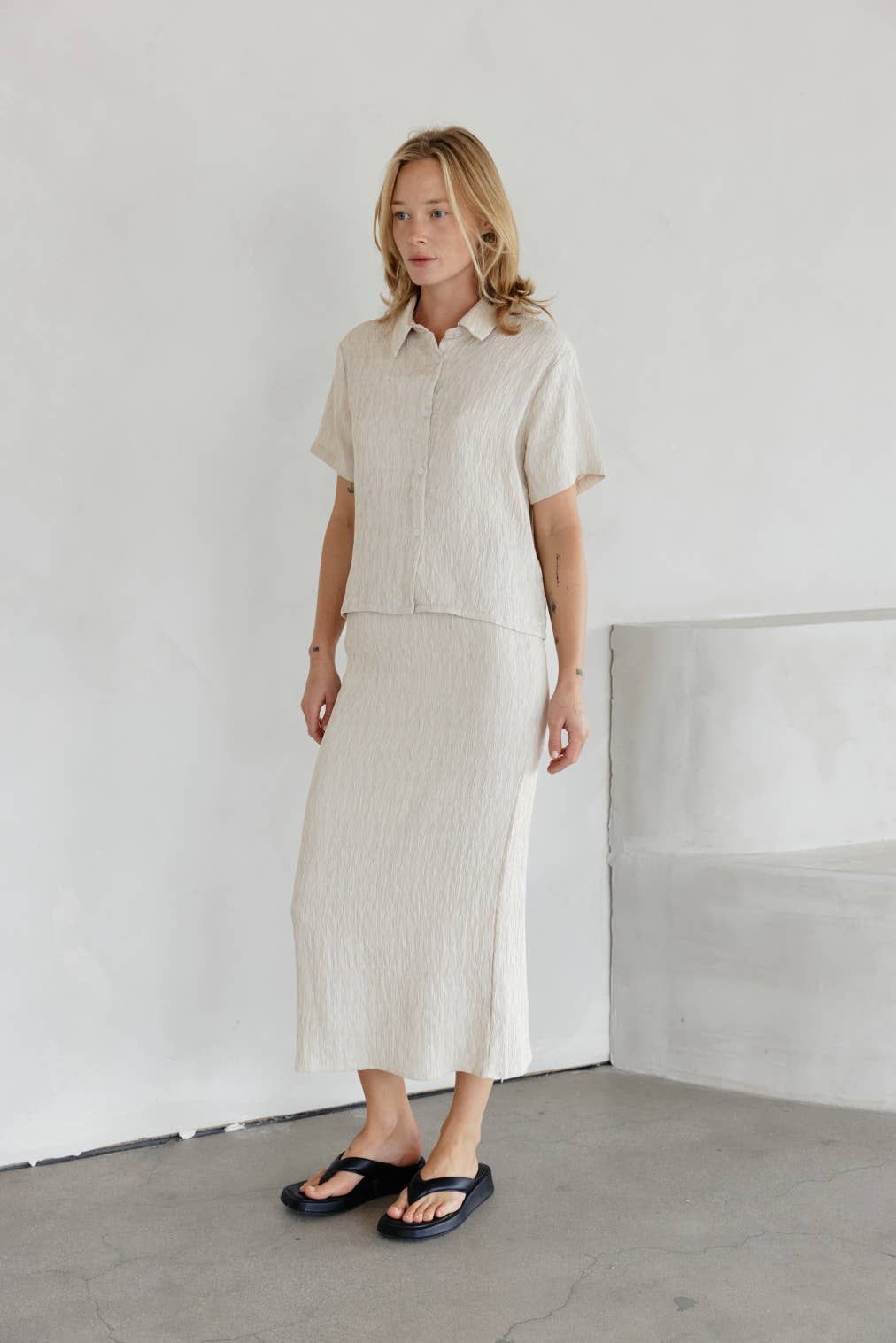 Miranda Skirt | Textured Midi Skirt with Back Slit
