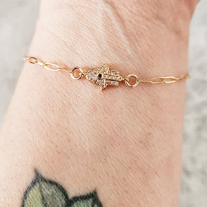 Dainty Hamsa Evil Eye Bracelet | Gold + Crystal