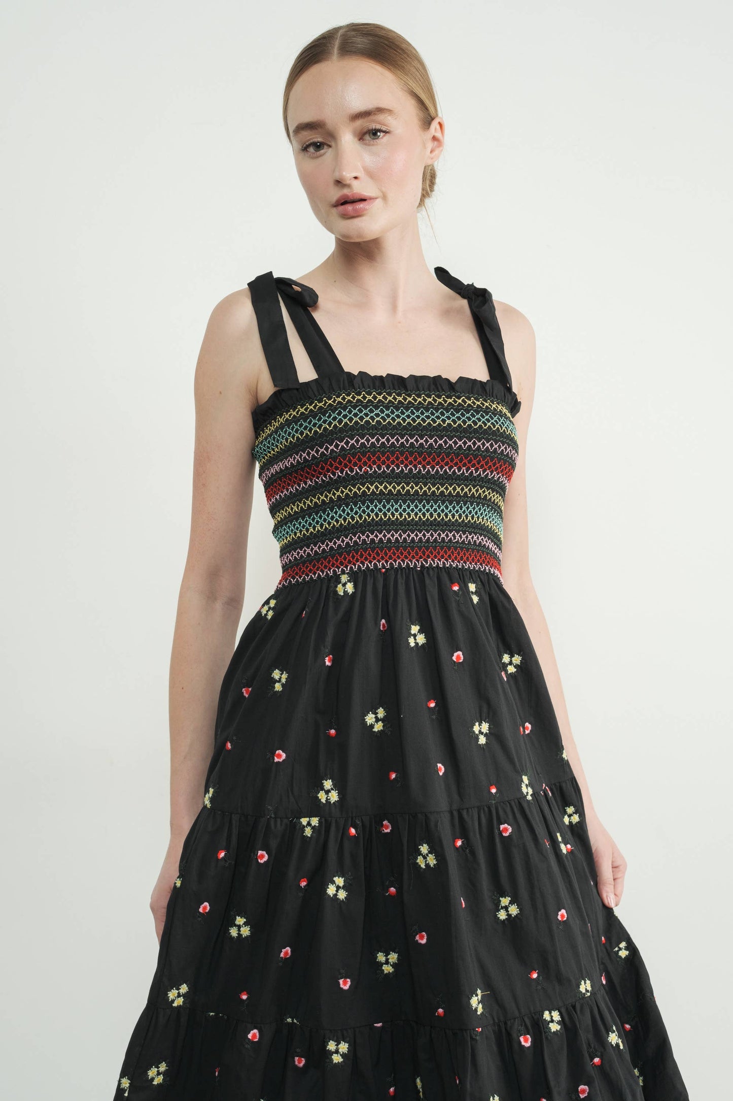 Embroidiered Smocked Bodice Floral Dress