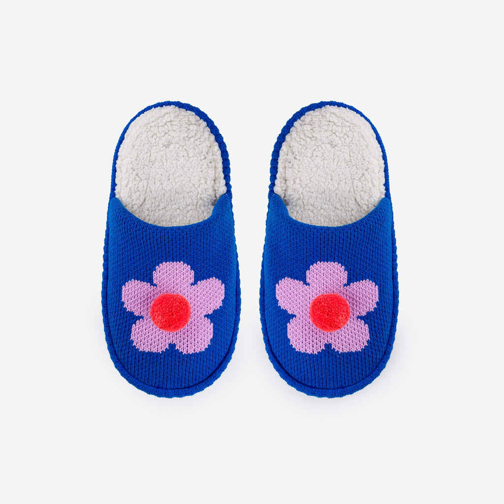 Flower Pom Slide Slippers | Cobalt