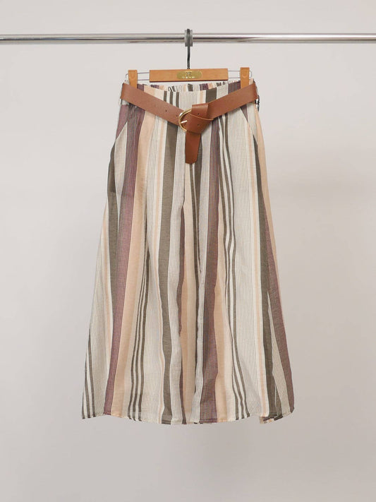 Striped Midi Skirt with Belt | Bordeaux