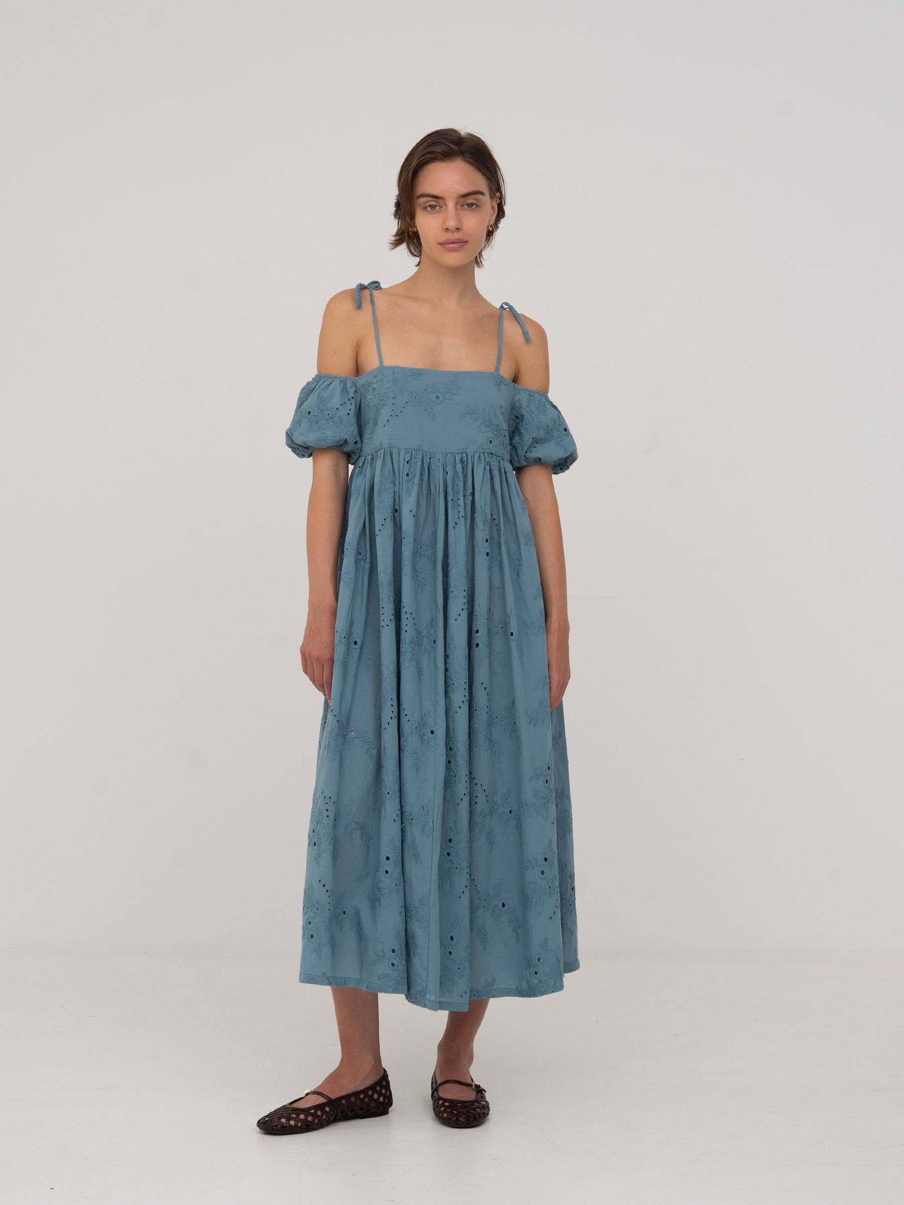 Vera Embroidered Blue Maxi Dress