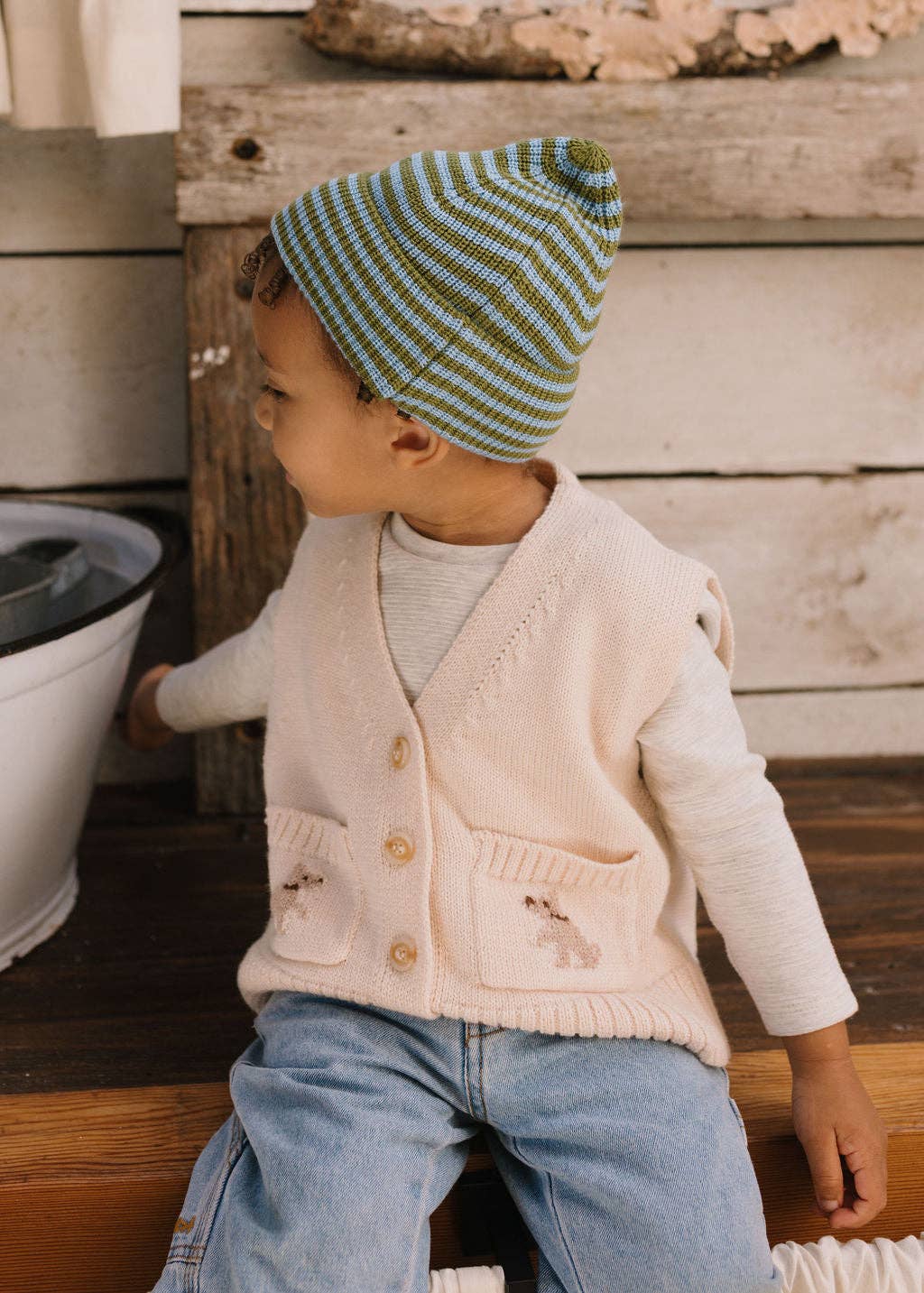 Berlin Merino Beanie | Green and Blue Stripe