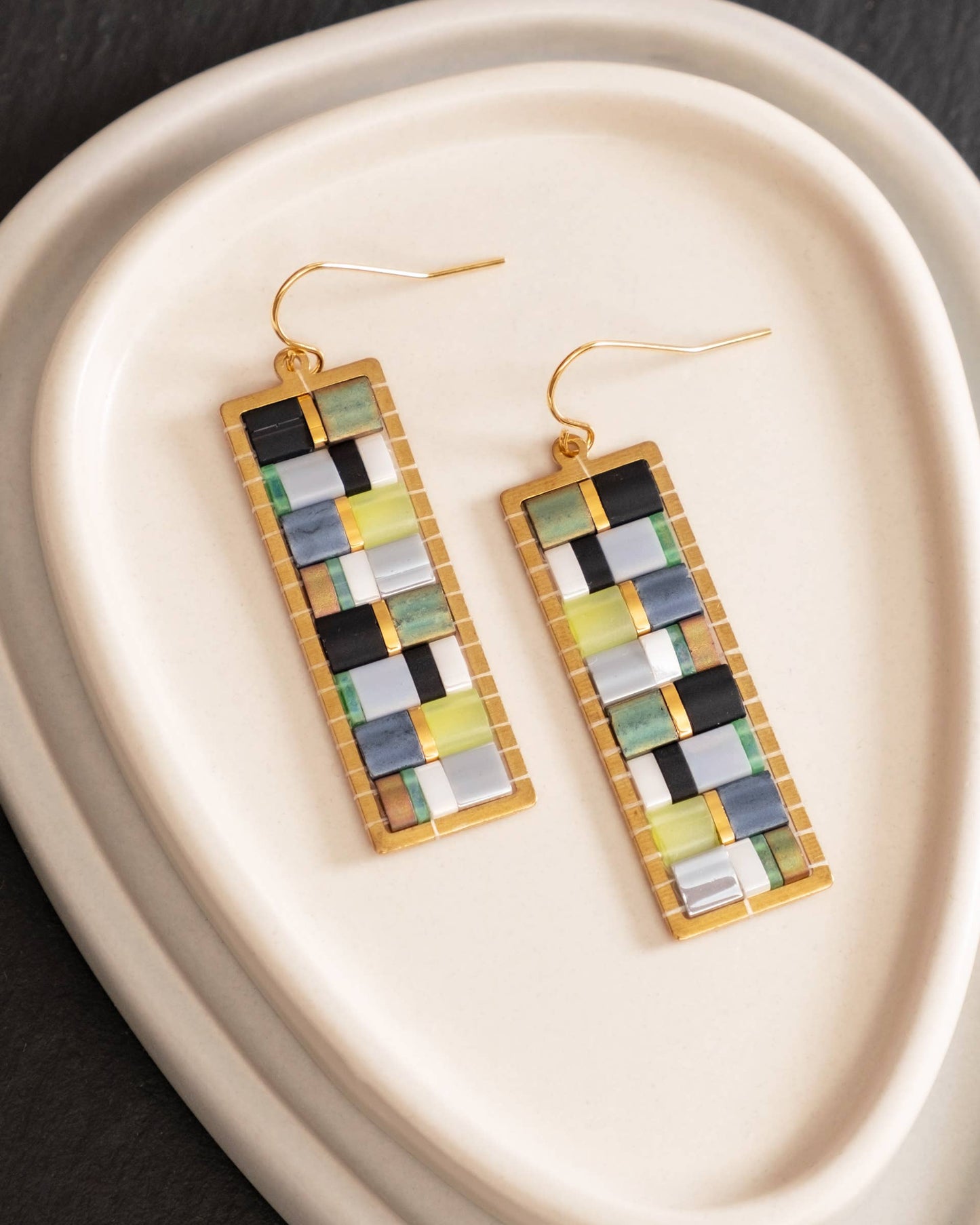 Handwoven Mosaic Tila and Brass Earrings | Green/Grey