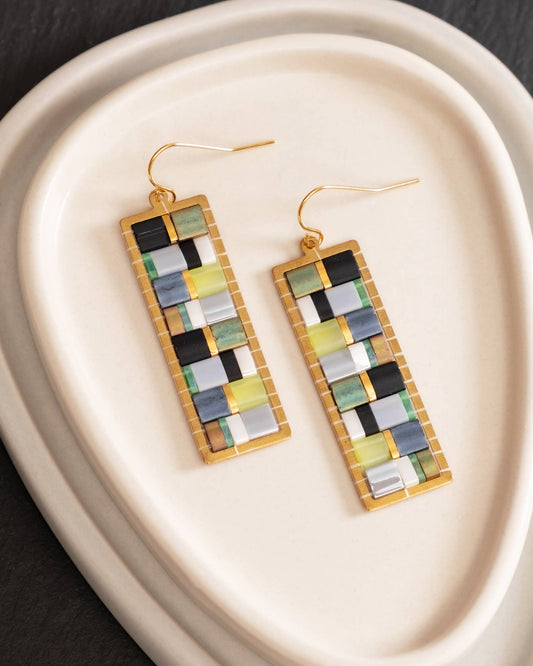 Handwoven Mosaic Tila and Brass Earrings | Green/Grey
