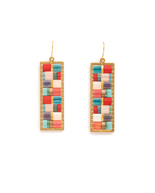 Handwoven Mosaic Tila and Brass Earrings | Aqua/Red