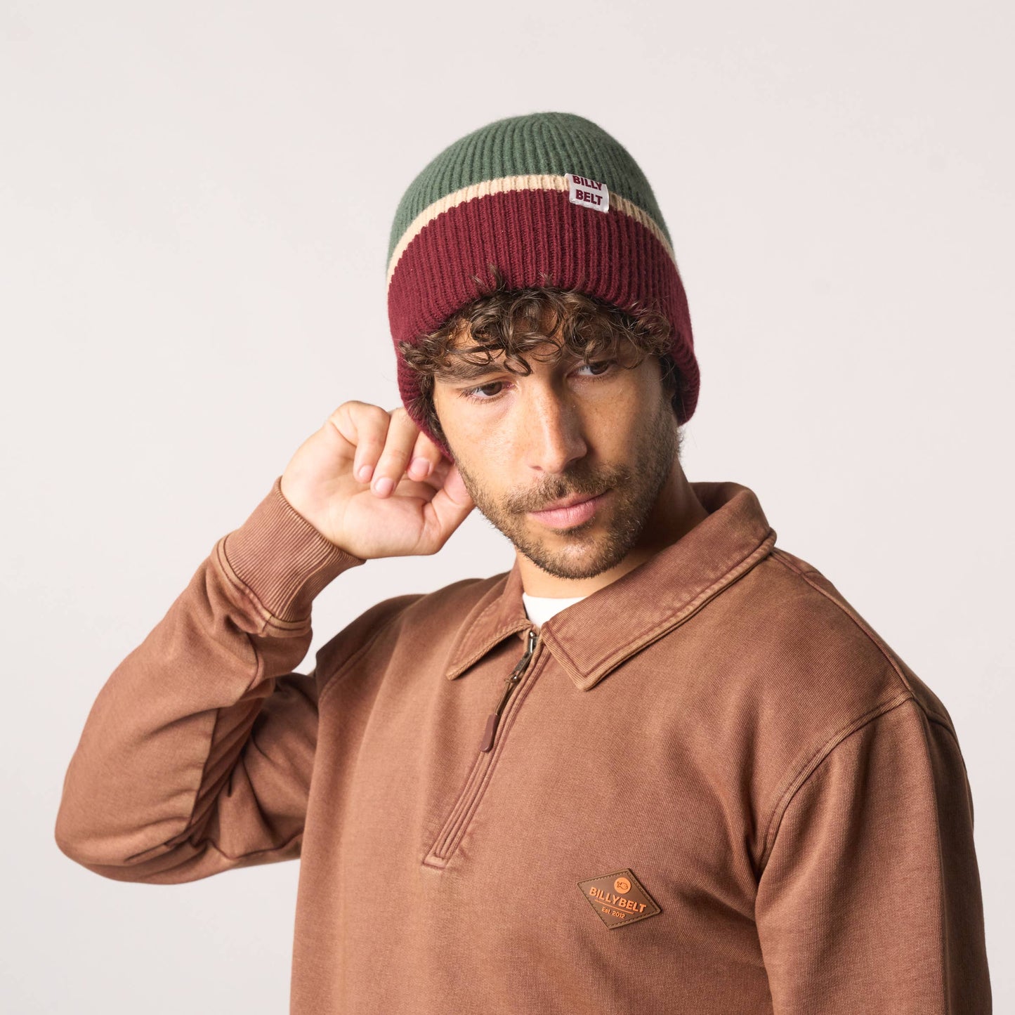 Wool Beanie | Khaki Burgundy & Beige
