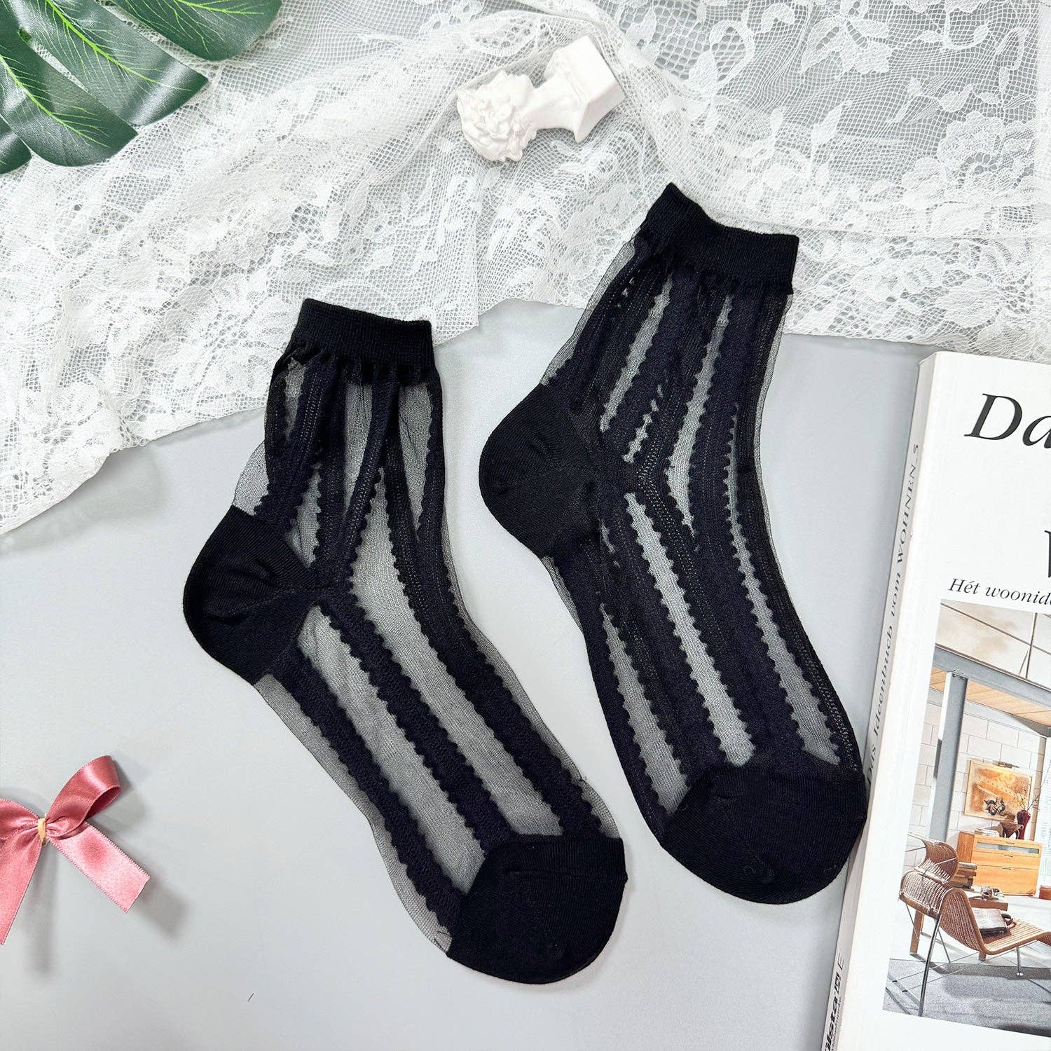 Women's Crew Sock | Sheer Stripe Lace