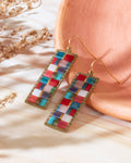 Handwoven Mosaic Tila and Brass Earrings | Aqua/Red