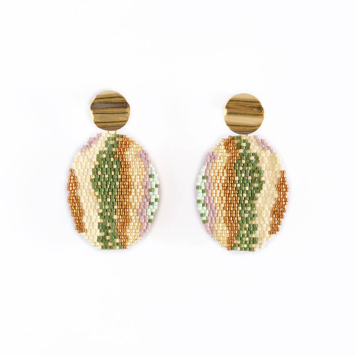 Beaded Handwoven Oval Drop Earrings | Olive