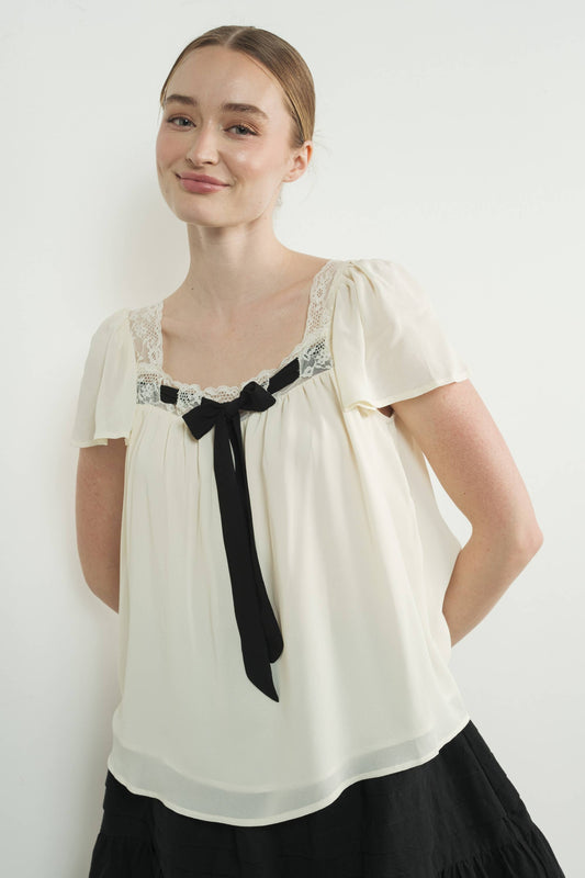 Lace Trim Blouse with Bow | White