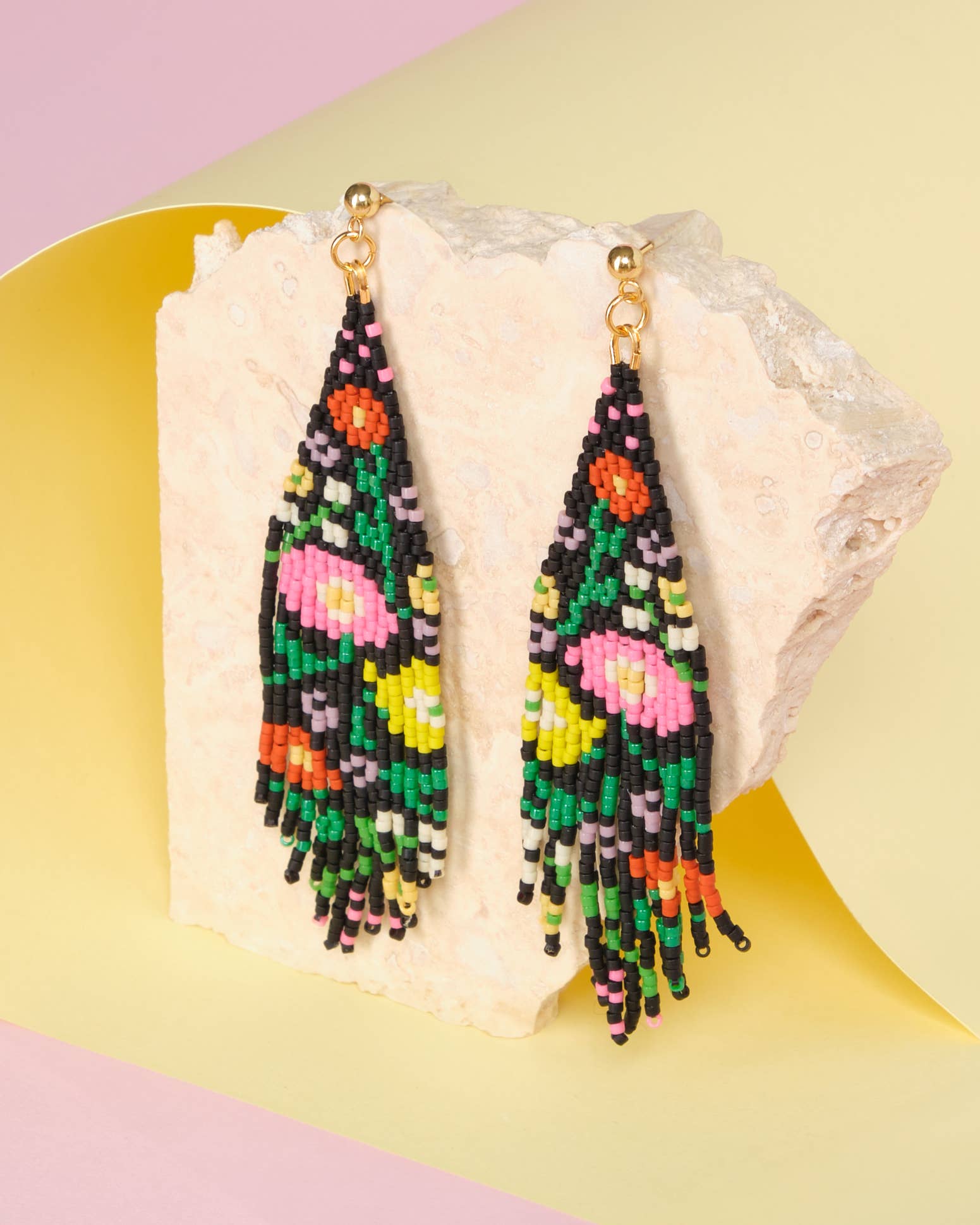 Beaded Handwoven Wildflower Fringe Earrings | Black