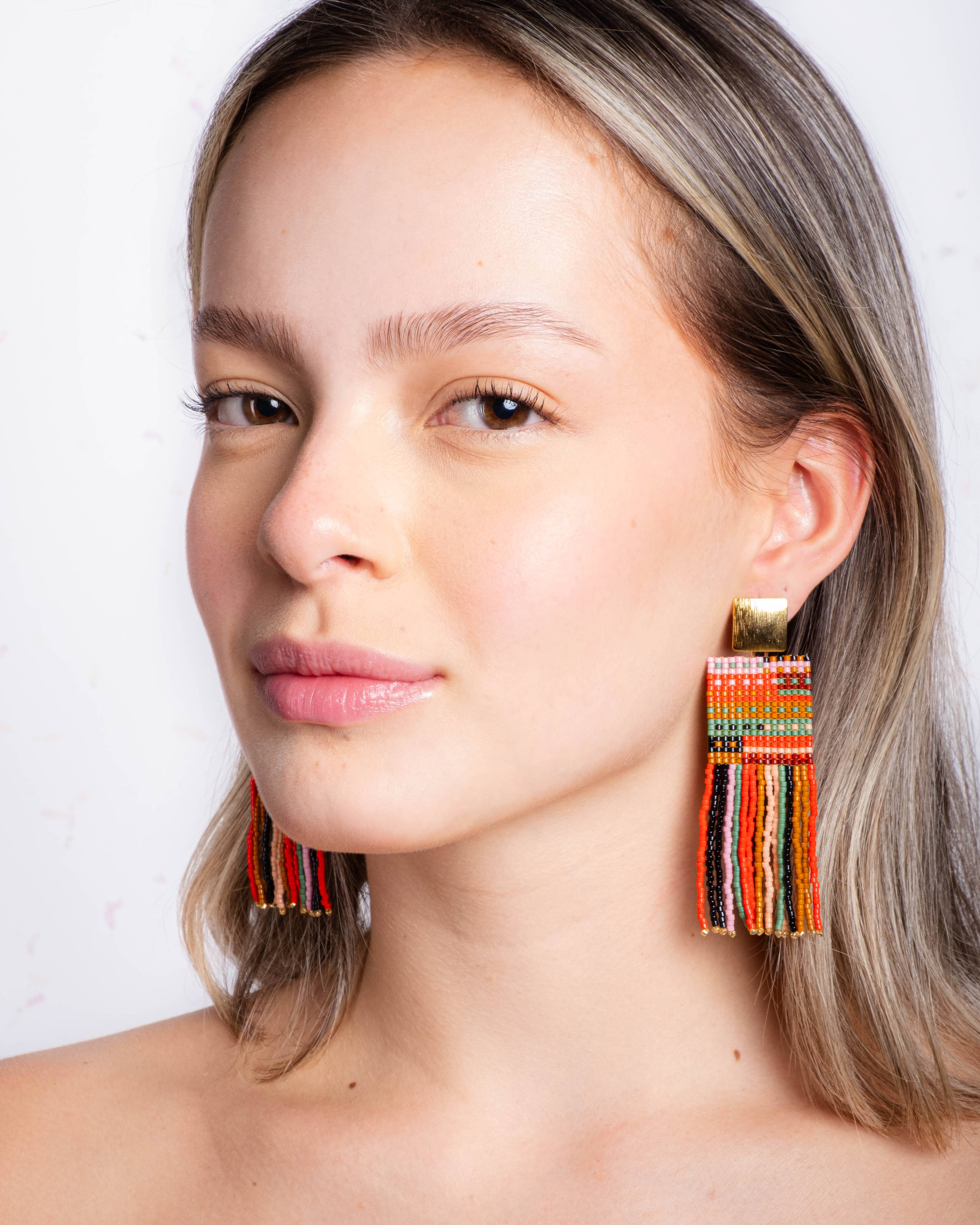 Beaded Handwoven Striped Knit Fringe Earrings | Sweet Escape