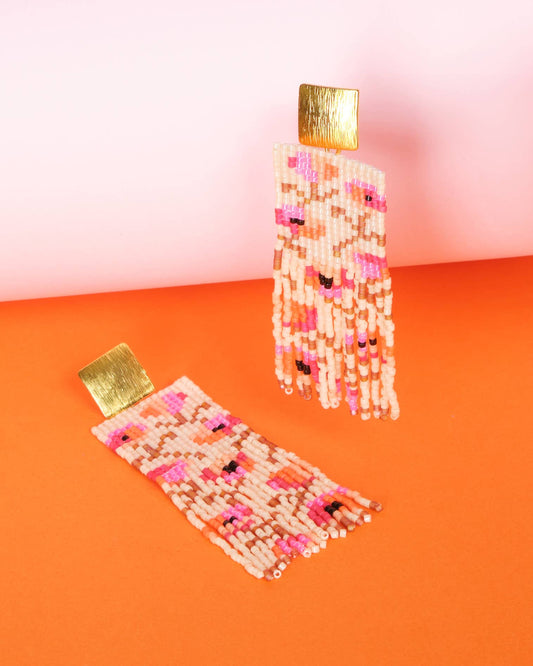 Beaded Poppy Flower Fringe Earrings | Cream/Pink