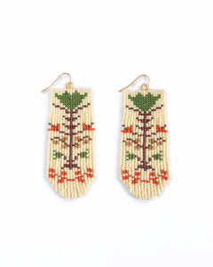 Beaded Handwoven Vintage Flower Fringe Earrings | Cream-Green