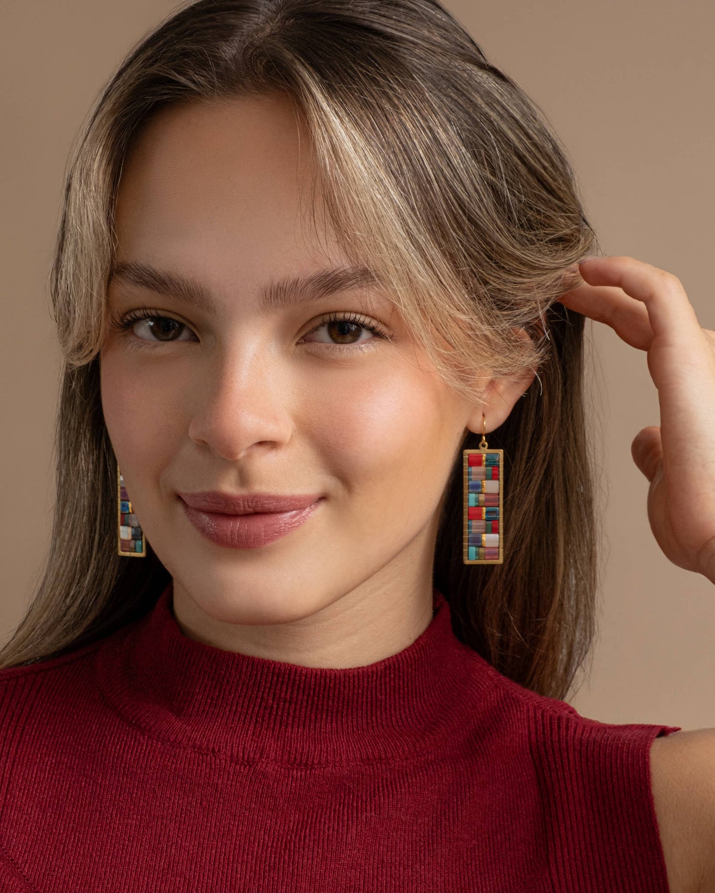 Handwoven Mosaic Tila & Brass Earrings |  Blue/Red