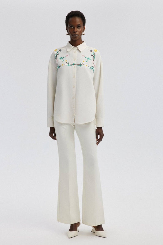 Linen Shirt with Embroidery | Cream