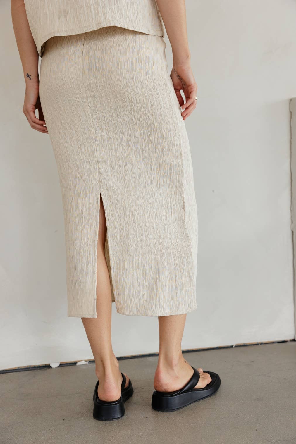 Miranda Skirt | Textured Midi Skirt with Back Slit