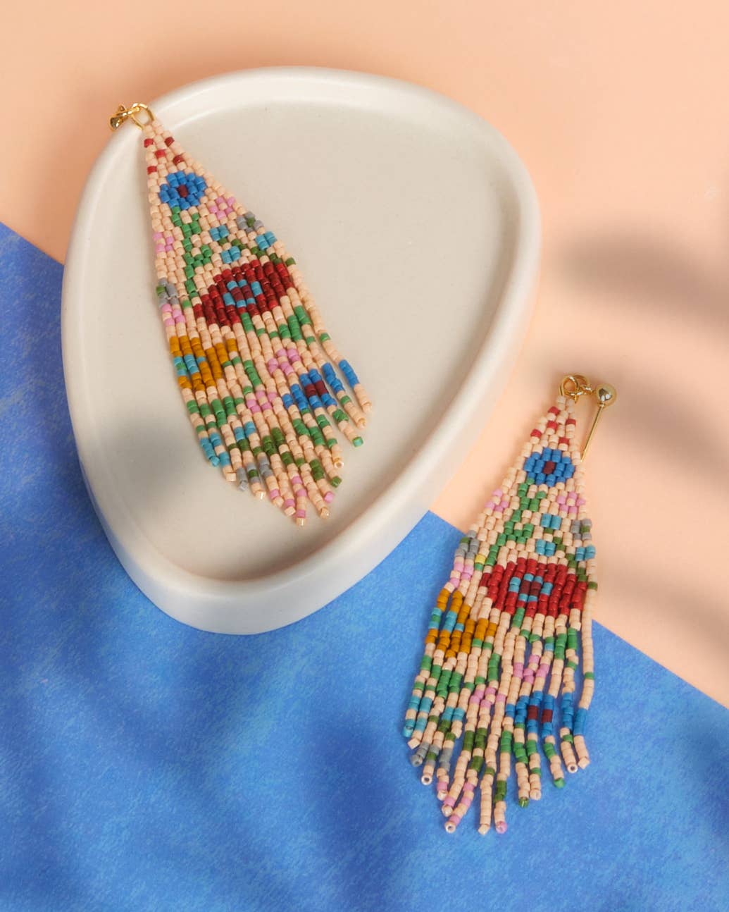 Beaded Handwoven Wildflower Fringe Earrings | Tan